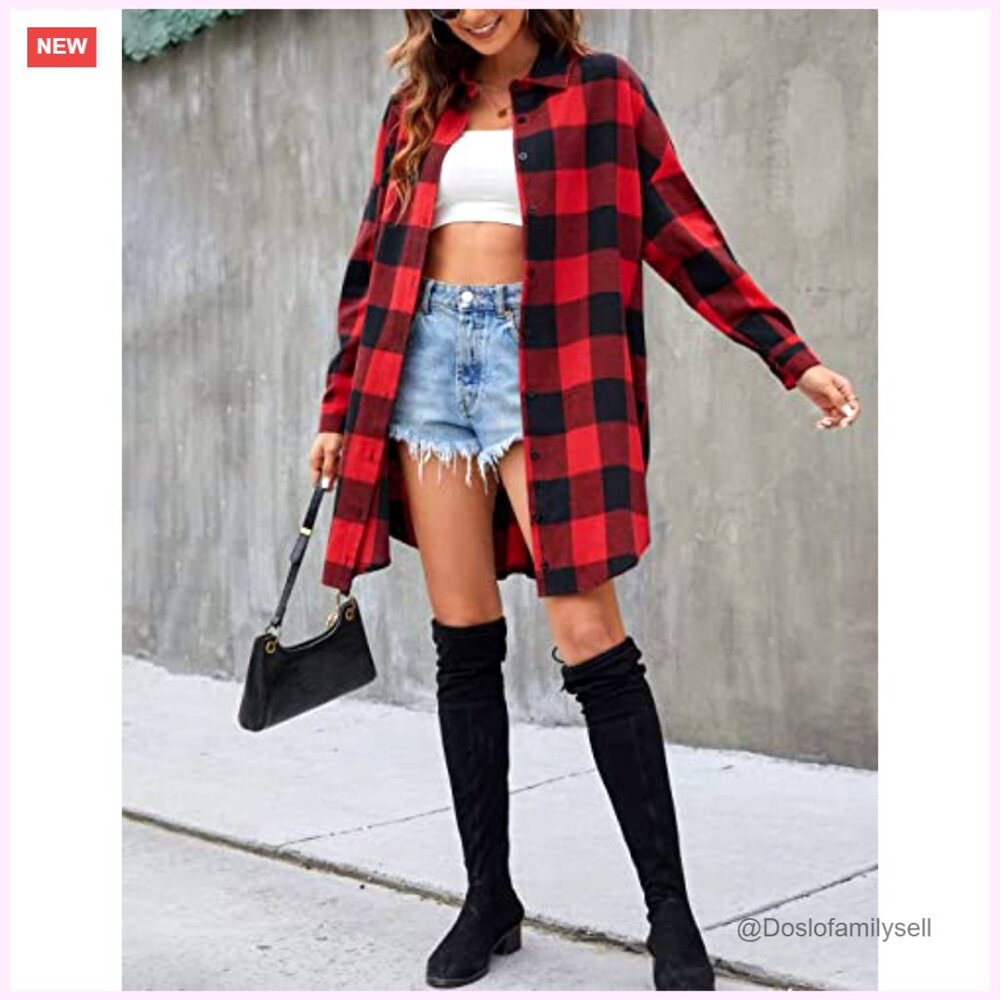 Oversized Button Down Shirt Jacket Plaid Flannel … - image 4